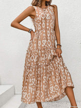 Frill Cutout Printed Round Neck Sleeveless Dress - Trendsi - Flyclothing LLC