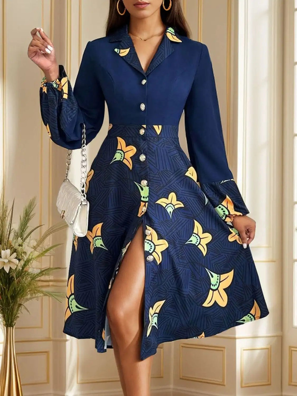 Printed Collared Neck Long Sleeve Dress - Trendsi