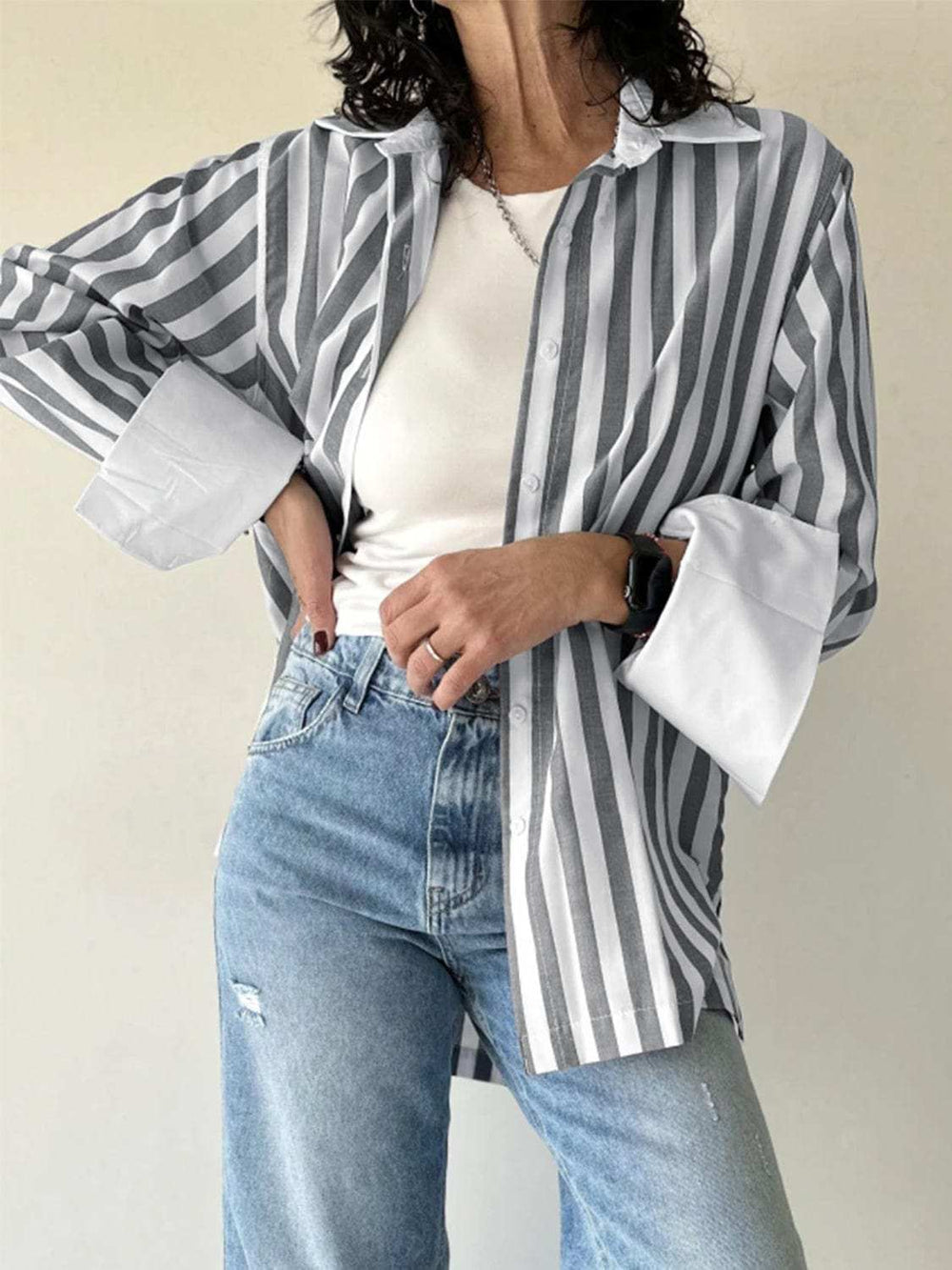 Striped Collared Neck Long Sleeve Shirt - Trendsi - Flyclothing LLC