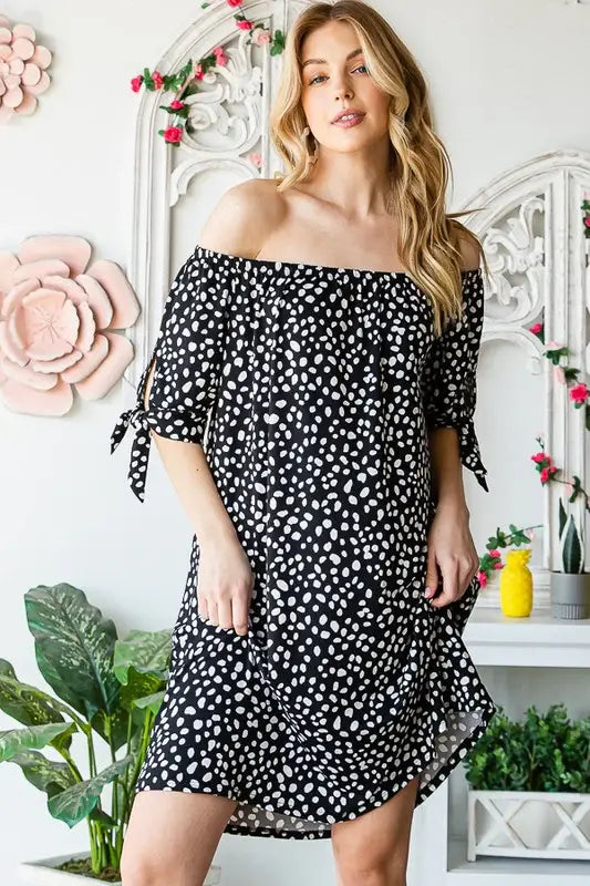 Heimish Full Size Short Sleeve Off Shoulder Animal Mini Dress Plus Size - Trendsi - Flyclothing LLC