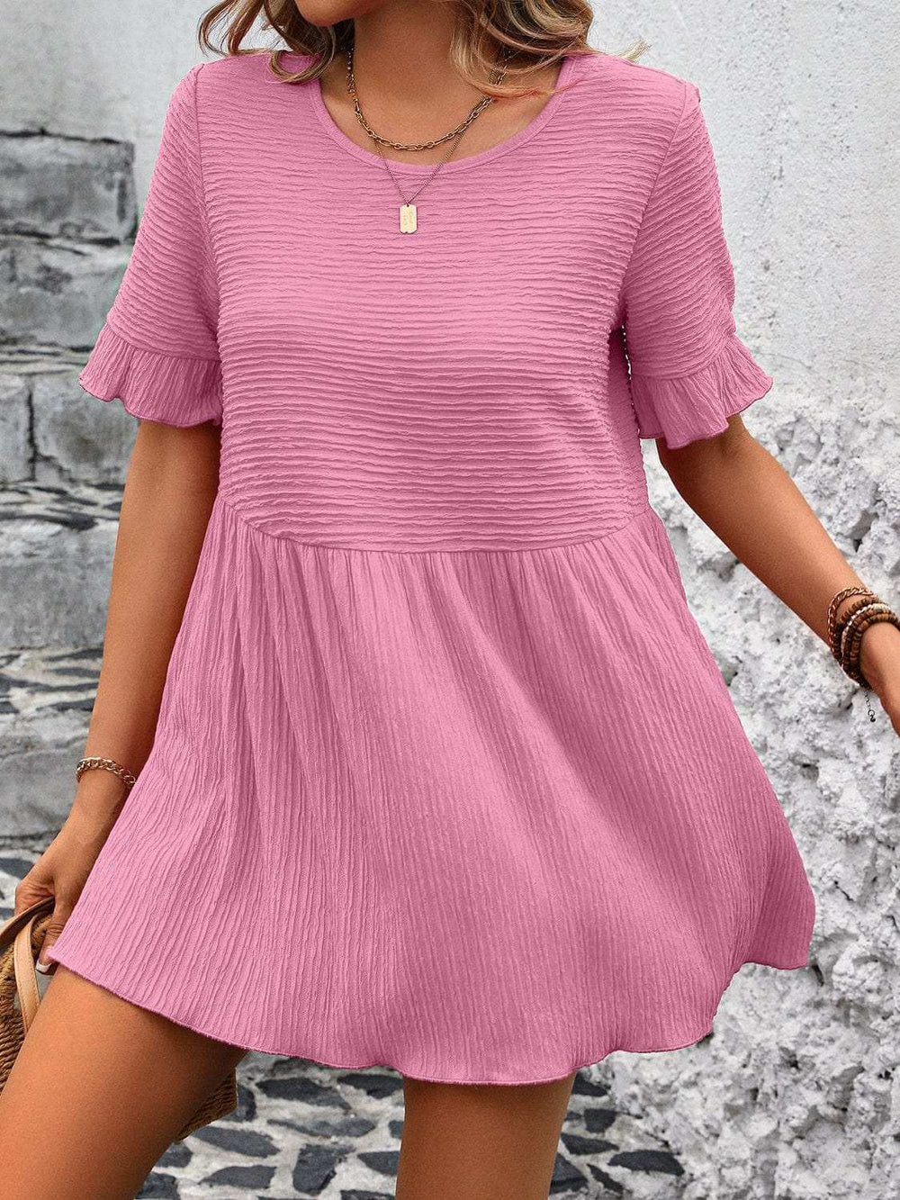 Round Neck Short Sleeve Blouse - Trendsi - Flyclothing LLC