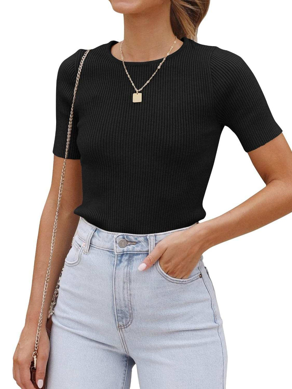 Round Neck Short Sleeve Knit Top - Trendsi - Flyclothing LLC