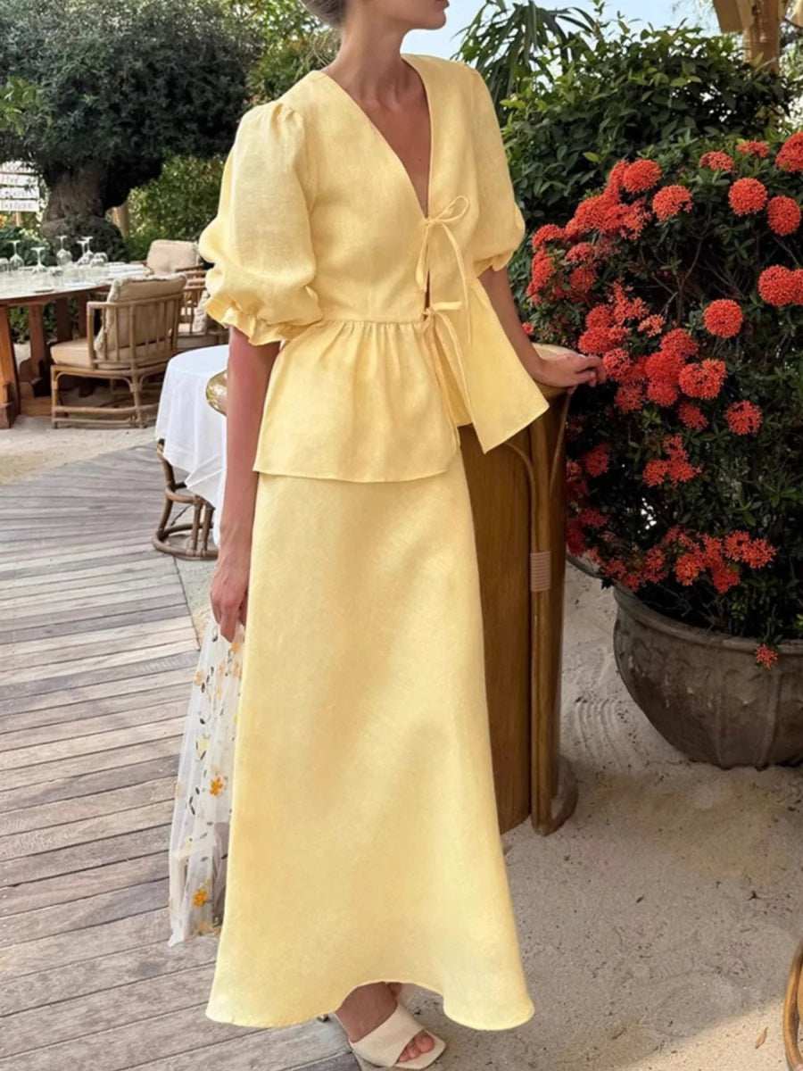 Tie Front Peplum Top and Skirt Set - Trendsi - Flyclothing LLC