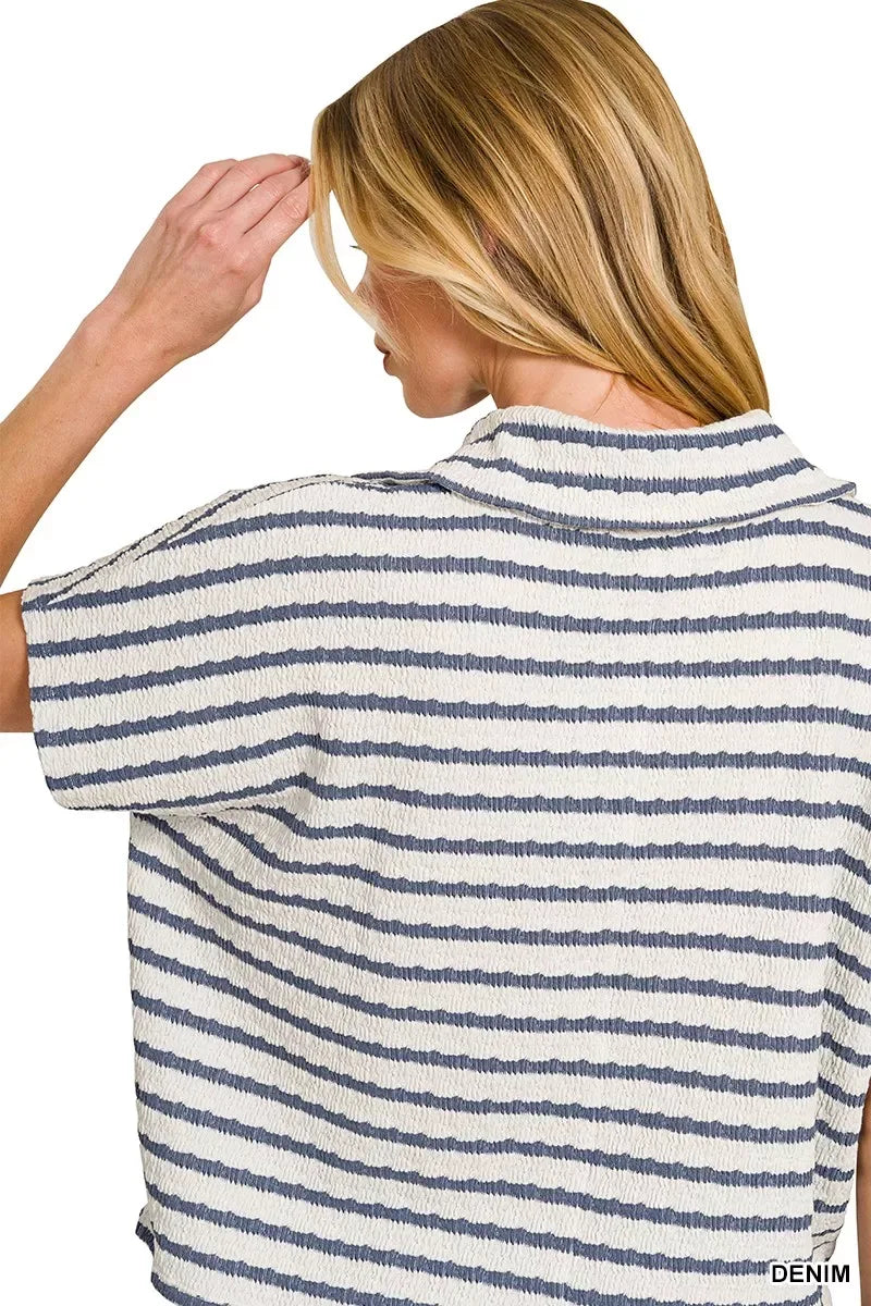 Zenana Striped Split Neck Collared Top - Trendsi - Flyclothing LLC