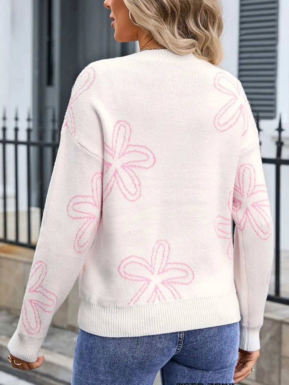 Flower Round Neck Dropped Shoulder Sweater - Trendsi - Flyclothing LLC