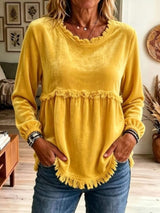 Fringed Hem Long Sleeve T-Shirt - Trendsi - Flyclothing LLC