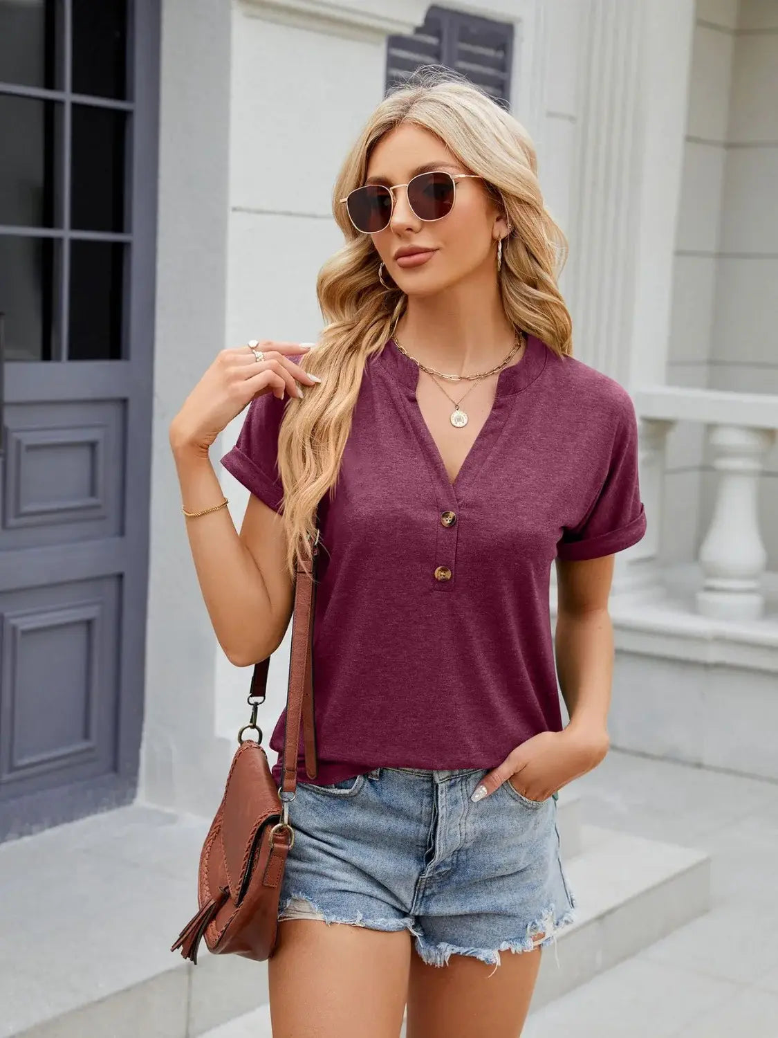 Florira Notched Short Sleeve T-Shirt - Trendsi - Flyclothing LLC