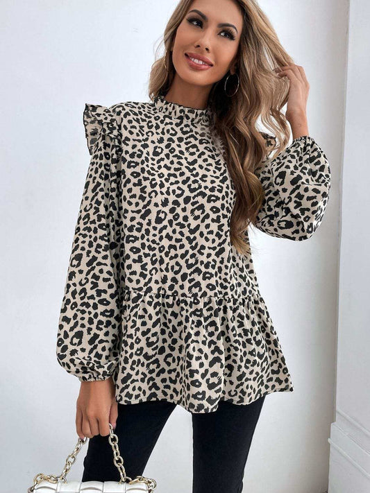 Ruffled Leopard Mock Neck Long Sleeve Blouse - Trendsi - Flyclothing LLC