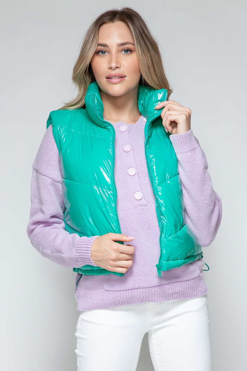 Snobbish Zip Up Turtleneck Shiny Quilted Vest - Trendsi