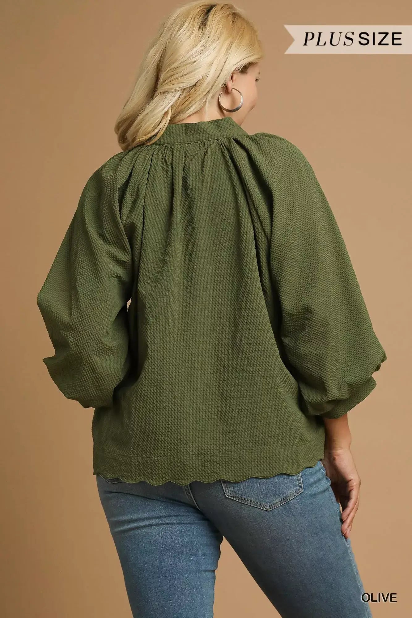 Umgee Full Size Textured Notched Balloon Sleeve Blouse Plus Size - Trendsi - Flyclothing LLC