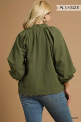 Umgee Full Size Textured Notched Balloon Sleeve Blouse Plus Size - Trendsi - Flyclothing LLC