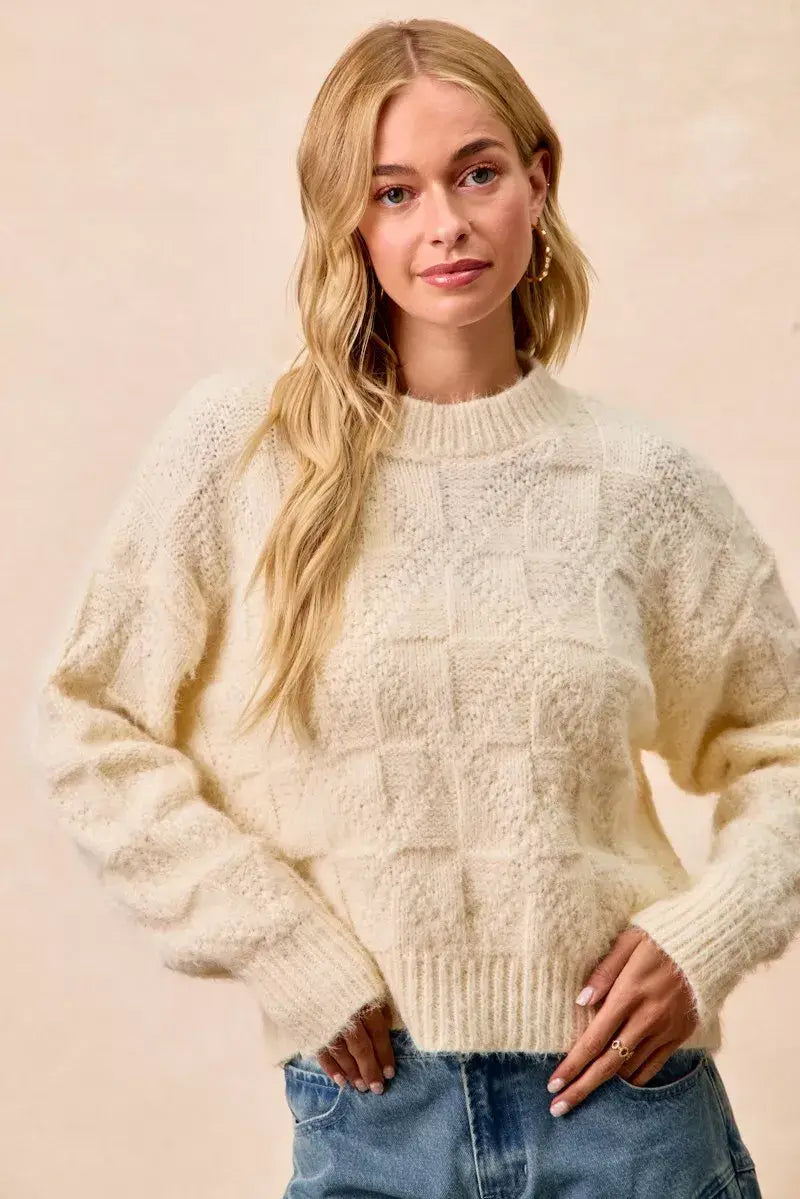 BiBi Checker Board Drop Shoulder Sweater - Trendsi - Flyclothing LLC