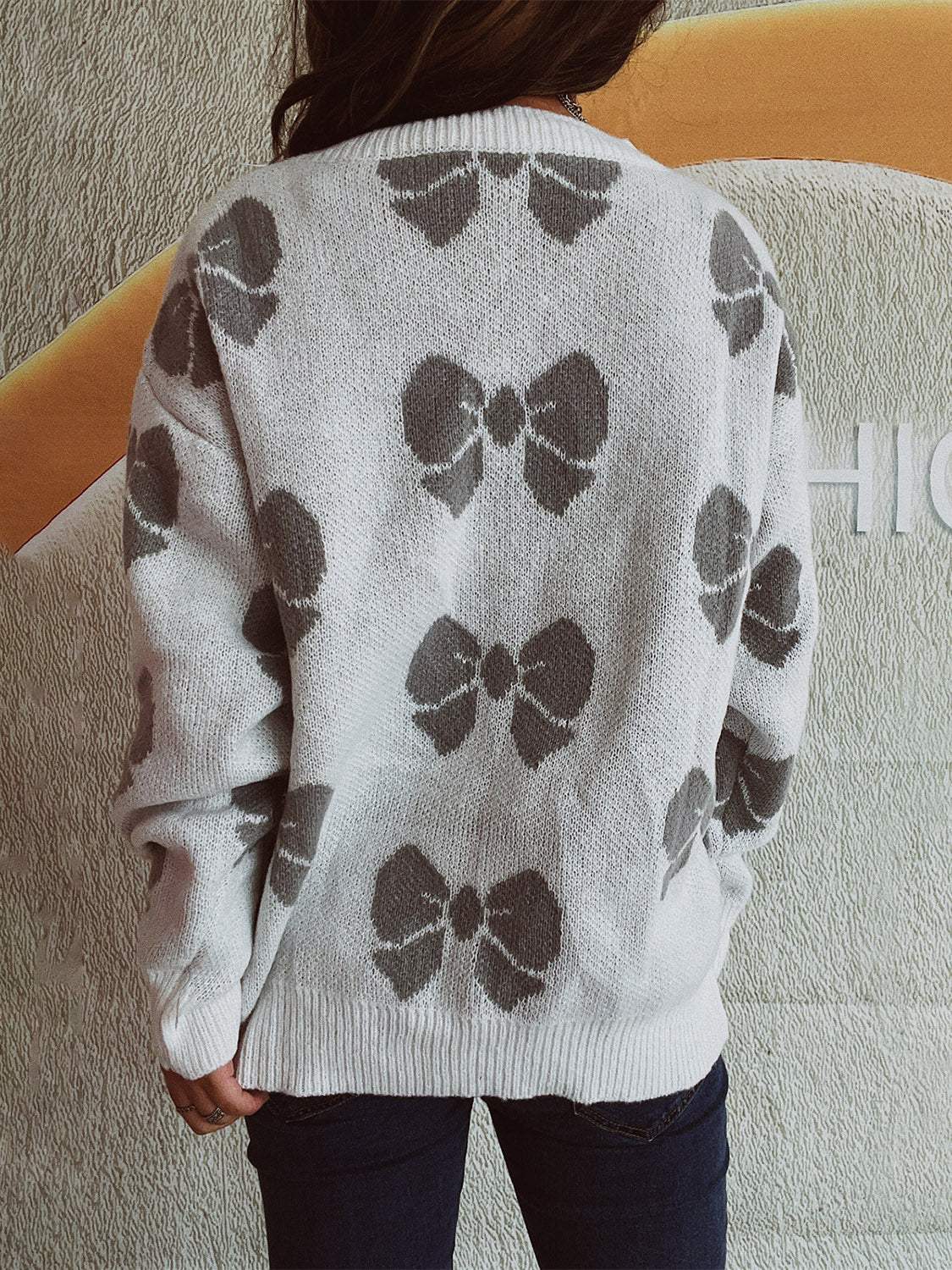 Bow Round Neck Dropped Shoulder Sweater - Trendsi - Flyclothing LLC