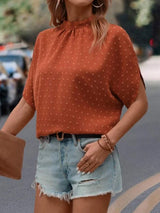 Swiss Dot Mock Neck Half Sleeve Blouse - Trendsi - Flyclothing LLC