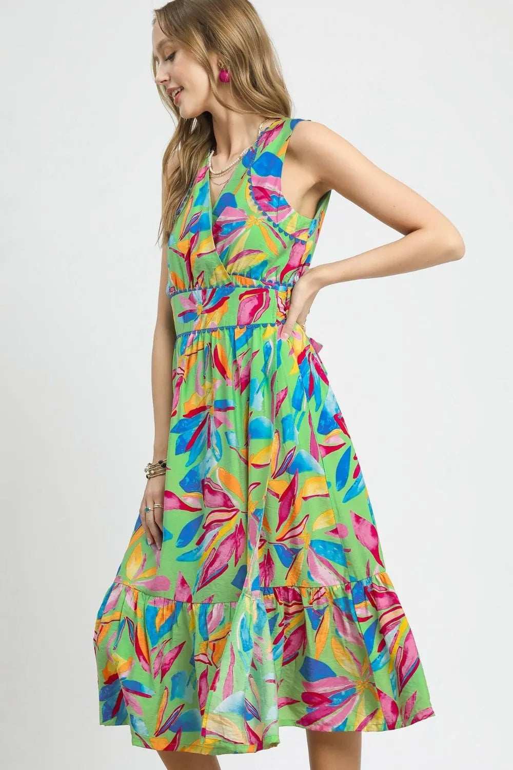 Umgee Ruffled Hem Printed Sleeveless Midi Dress - Trendsi - Flyclothing LLC