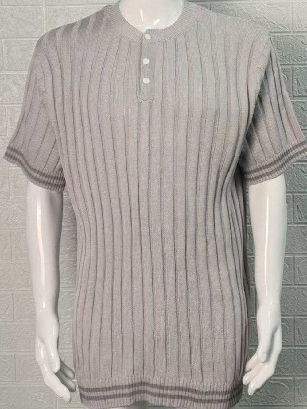 Men's Plus Size Ribbed Quarter Button Round Neck Striped Trim Polo - Trendsi - Flyclothing LLC