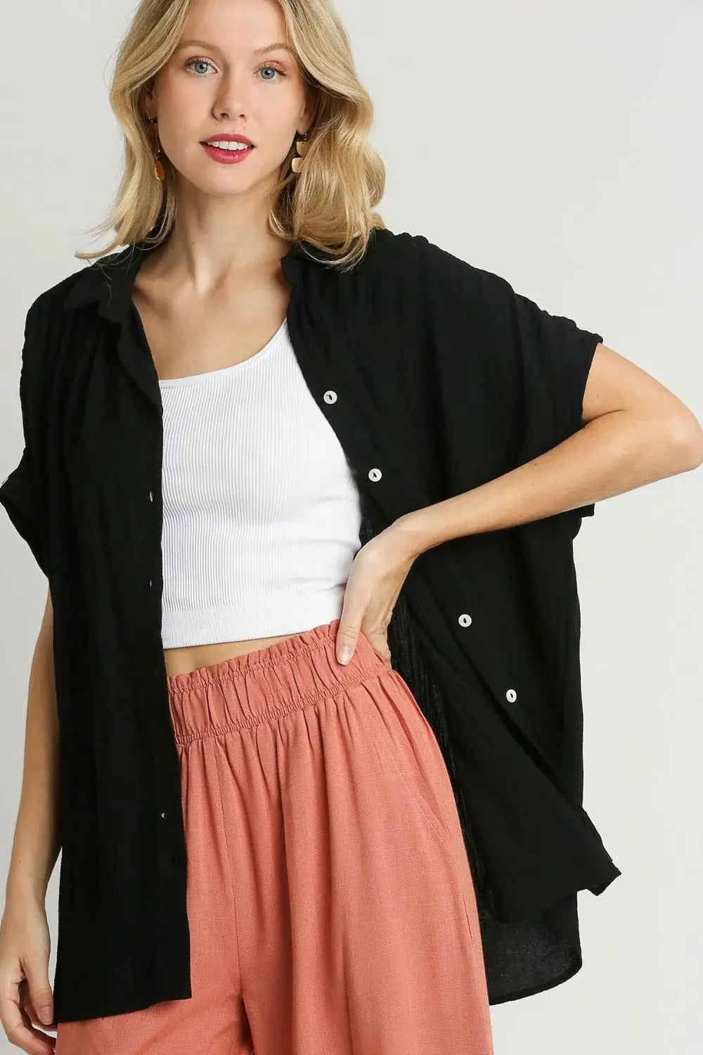 Umgee Full Size Textured Button Down Short Sleeve Shirt Plus Size - Trendsi - Flyclothing LLC