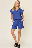 Double Take Full Size Texture Flounce Sleeve Top and Drawstring Shorts Set - Trendsi - Flyclothing LLC