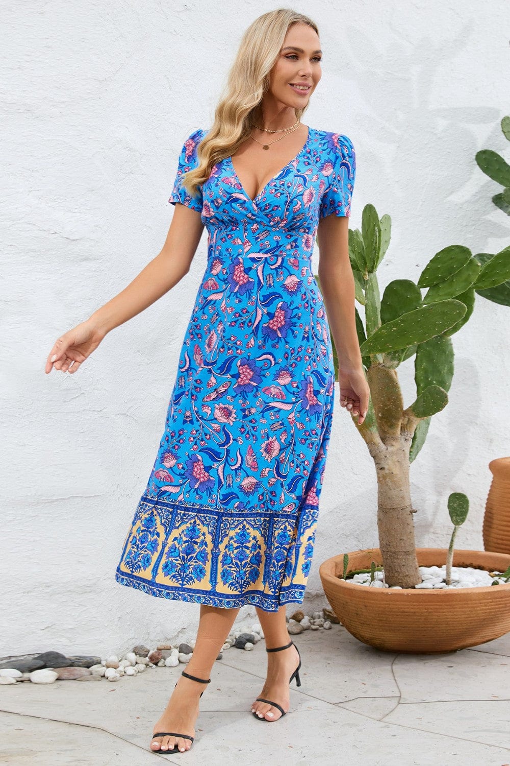 Printed Surplice Short Sleeve Dress - Trendsi