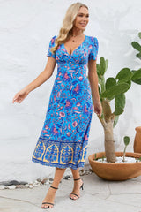 Printed Surplice Short Sleeve Dress - Trendsi