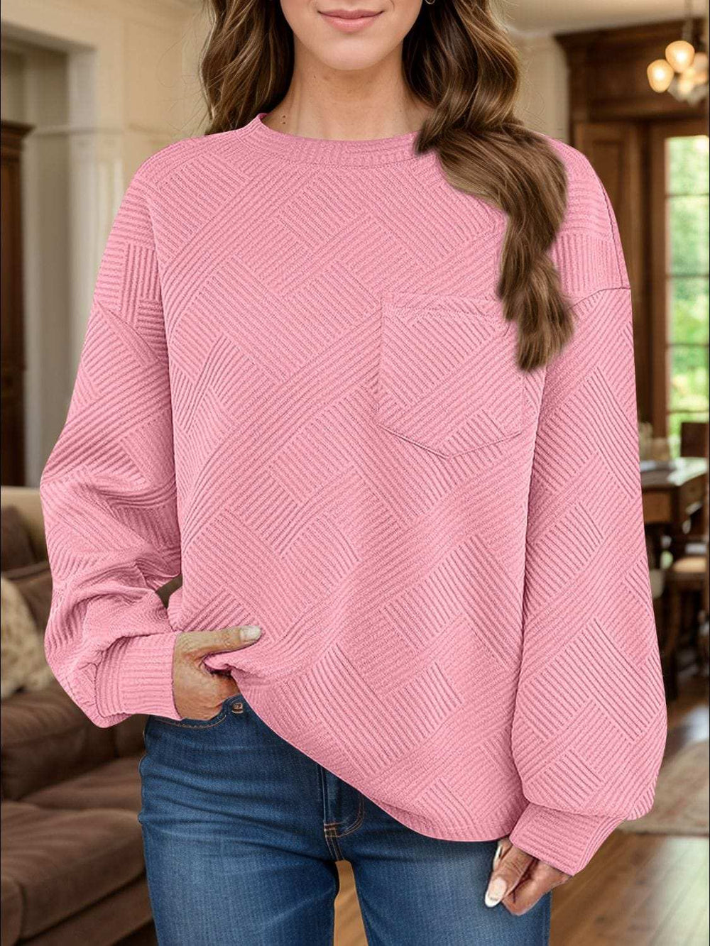 Full Size Texture Round Neck Long Sleeve Sweatshirt - Trendsi - Flyclothing LLC
