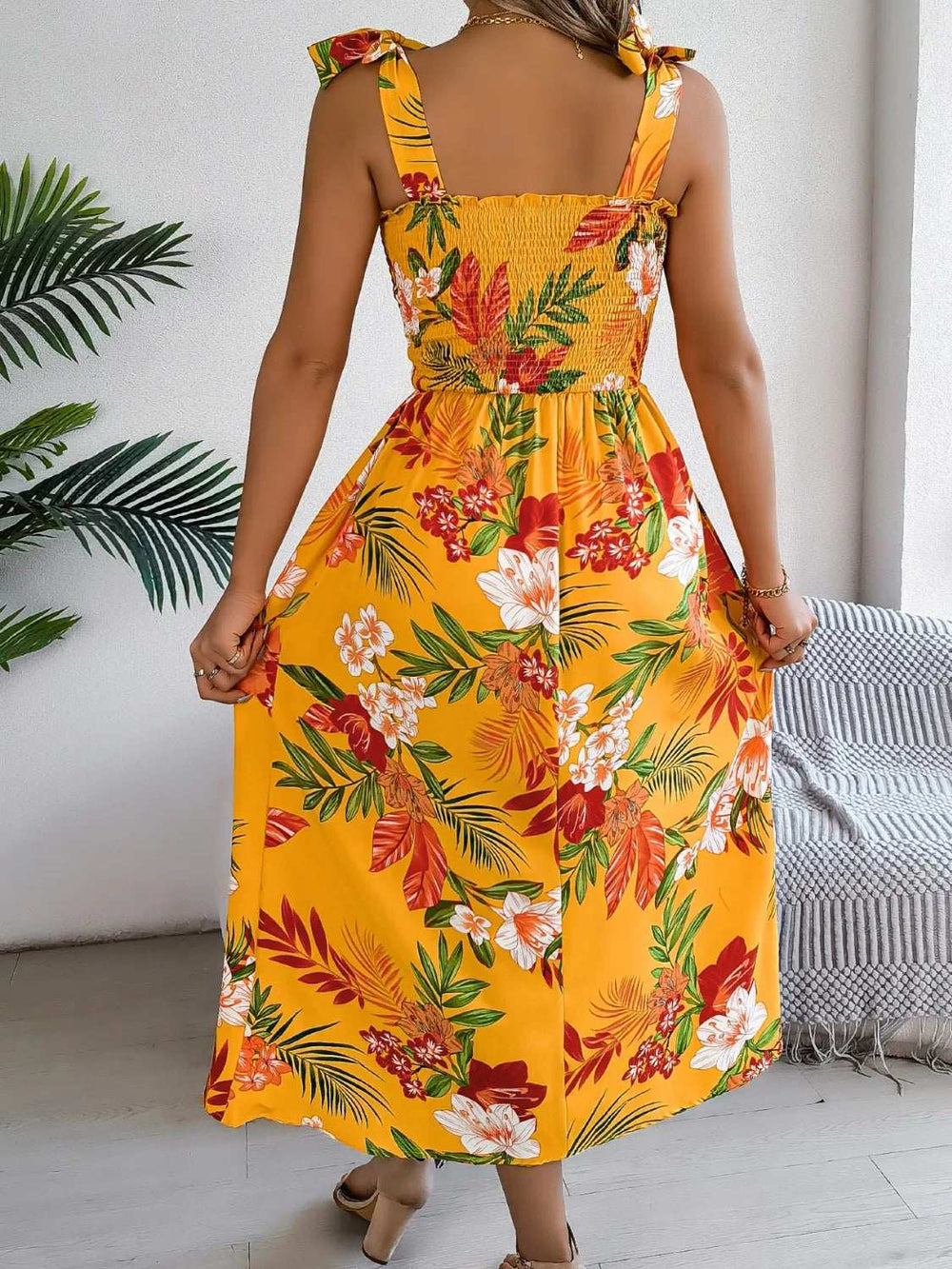 Smocked Floral Tie Shoulder Midi Dress - Trendsi - Flyclothing LLC