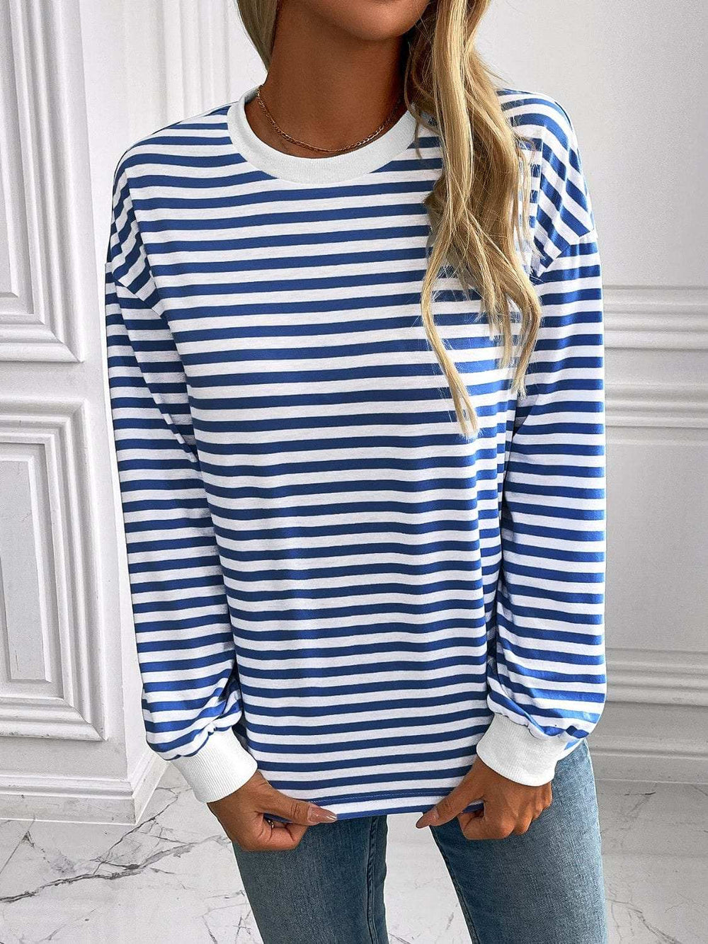 Ivy Lane Striped Round Neck Long Sleeve Sweatshirt - Trendsi - Flyclothing LLC