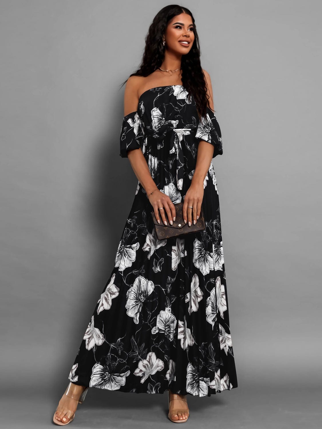 Pleated Floral Off-Shoulder Short Sleeve Midi Dress - Trendsi