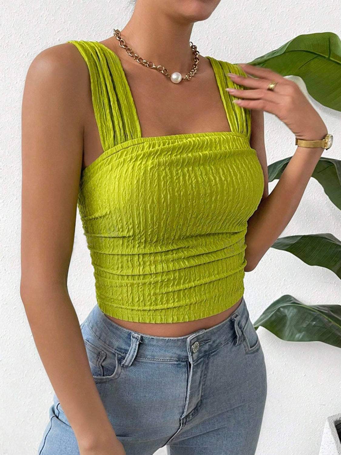 Textured Square Neck Wide Strap Tank - Trendsi - Flyclothing LLC