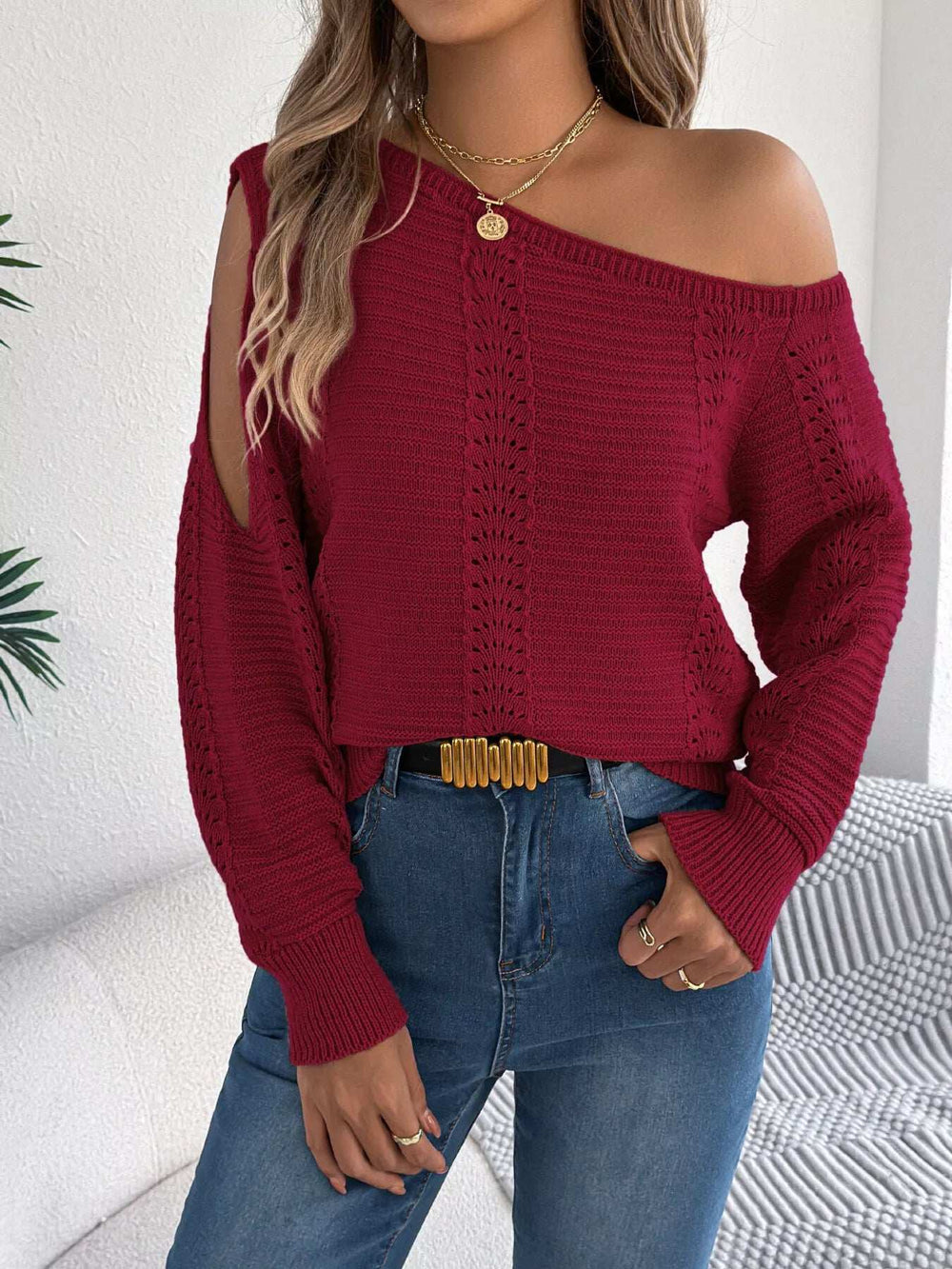 Openwork One Shoulder Cutout Long Sleeve Sweater - Trendsi - Flyclothing LLC