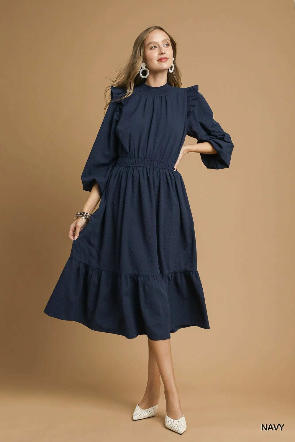 Umgee Textured Midi Dress with Ruffle Shoulder Detail - Trendsi - Flyclothing LLC