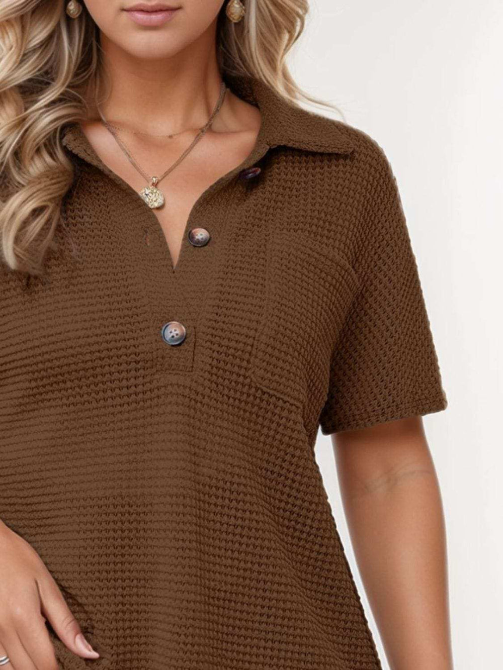 Waffle-Knit Short Sleeve Polo Shirt - Trendsi - Flyclothing LLC