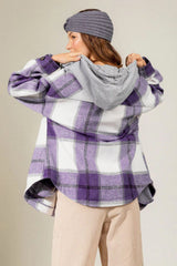 Drawstring Plaid Dropped Shoulder Hooded Shacket - Trendsi