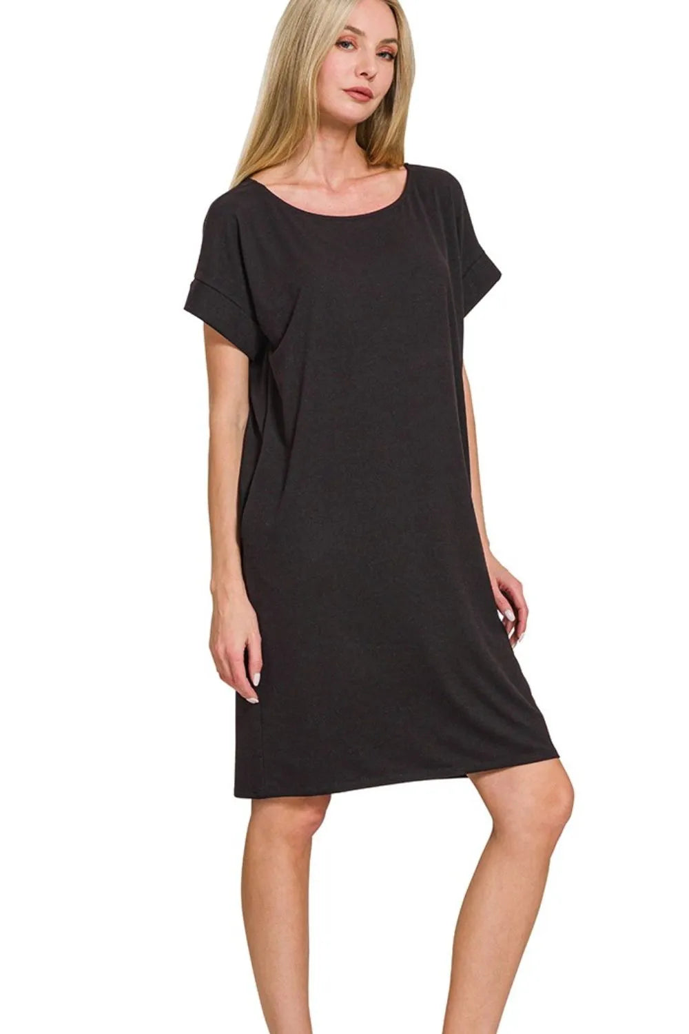 Zenana Rolled Short Sleeve Round Neck Dress - Trendsi