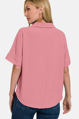 Zenana Texture Collared Neck Short Sleeve Top - Trendsi - Flyclothing LLC
