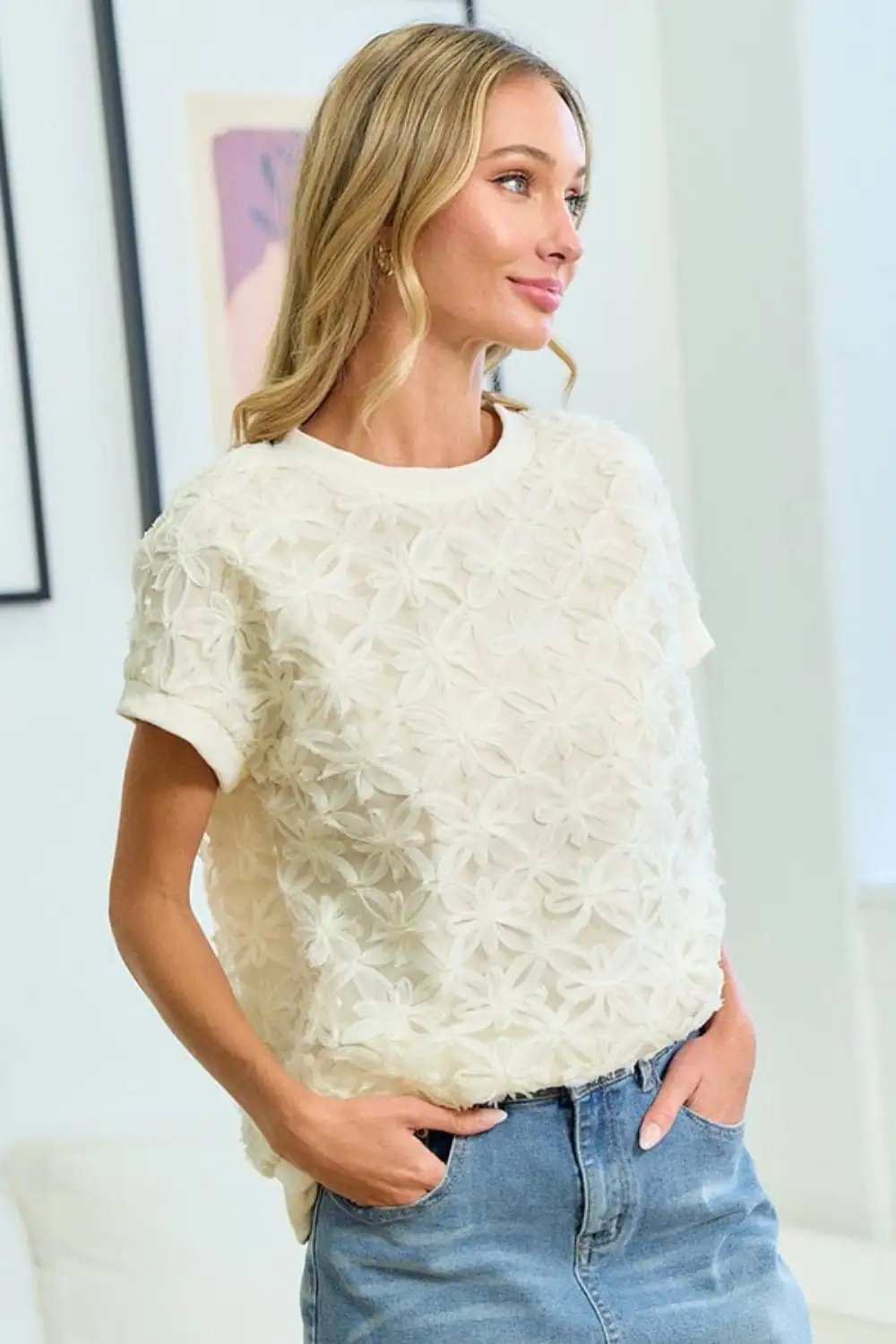First Love 3D Mesh Flower Round Neck Short Sleeve Top - Trendsi - Flyclothing LLC