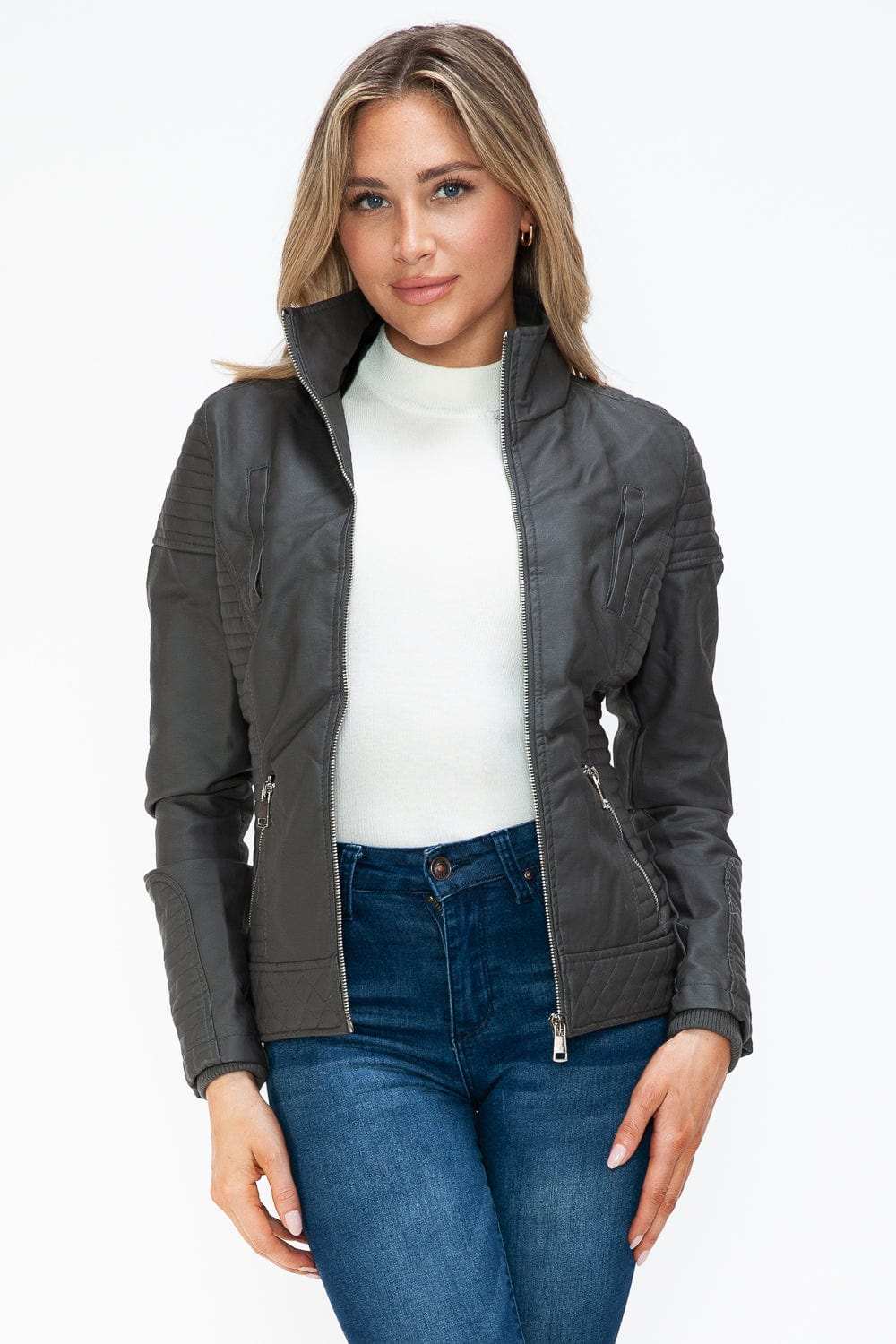 YMI Faux Layered Double-Zipper Jacket with Fuzzy Hood - Trendsi - Flyclothing LLC