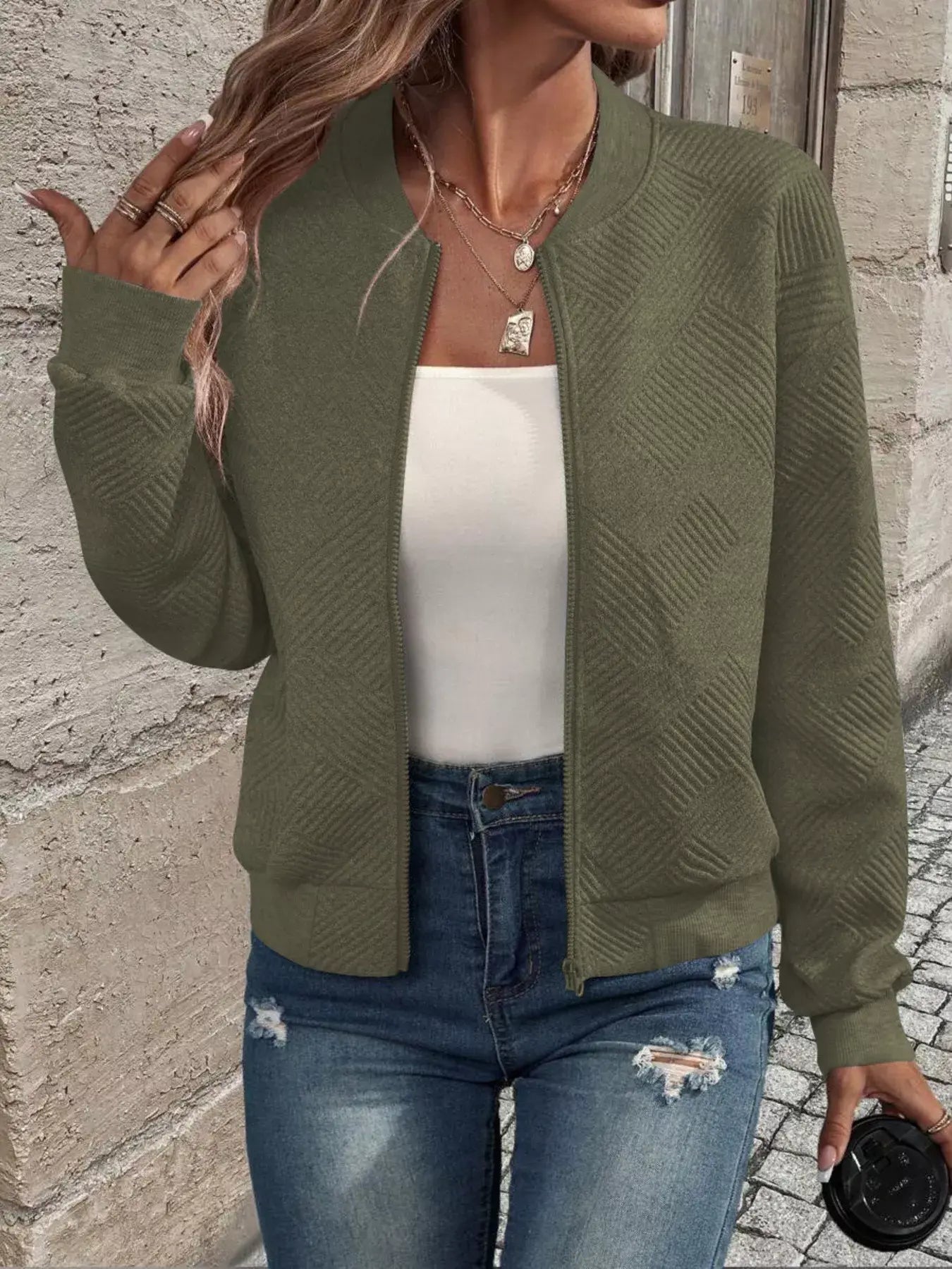 Texture Zip-Up Bomber Jacket - Trendsi - Flyclothing LLC