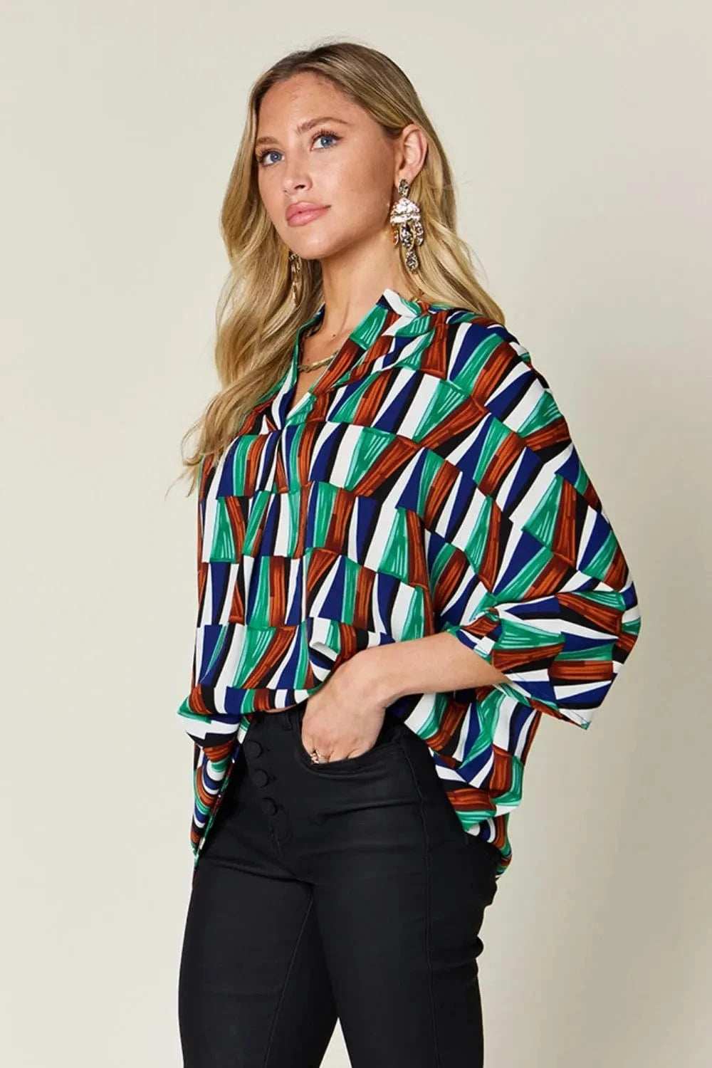 Double Take Full Size Geometric Notched Dolman Sleeve Top - Trendsi - Flyclothing LLC
