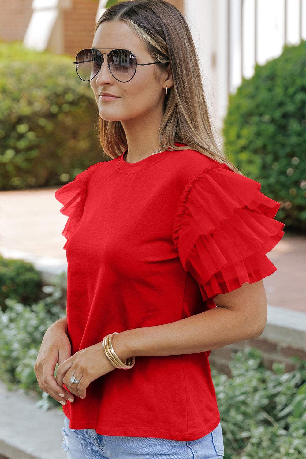 Ruffled Round Neck Short Sleeve Blouse - Trendsi - Flyclothing LLC