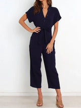 Notched Short Sleeve Tie Waist Jumpsuit - Trendsi - Flyclothing LLC