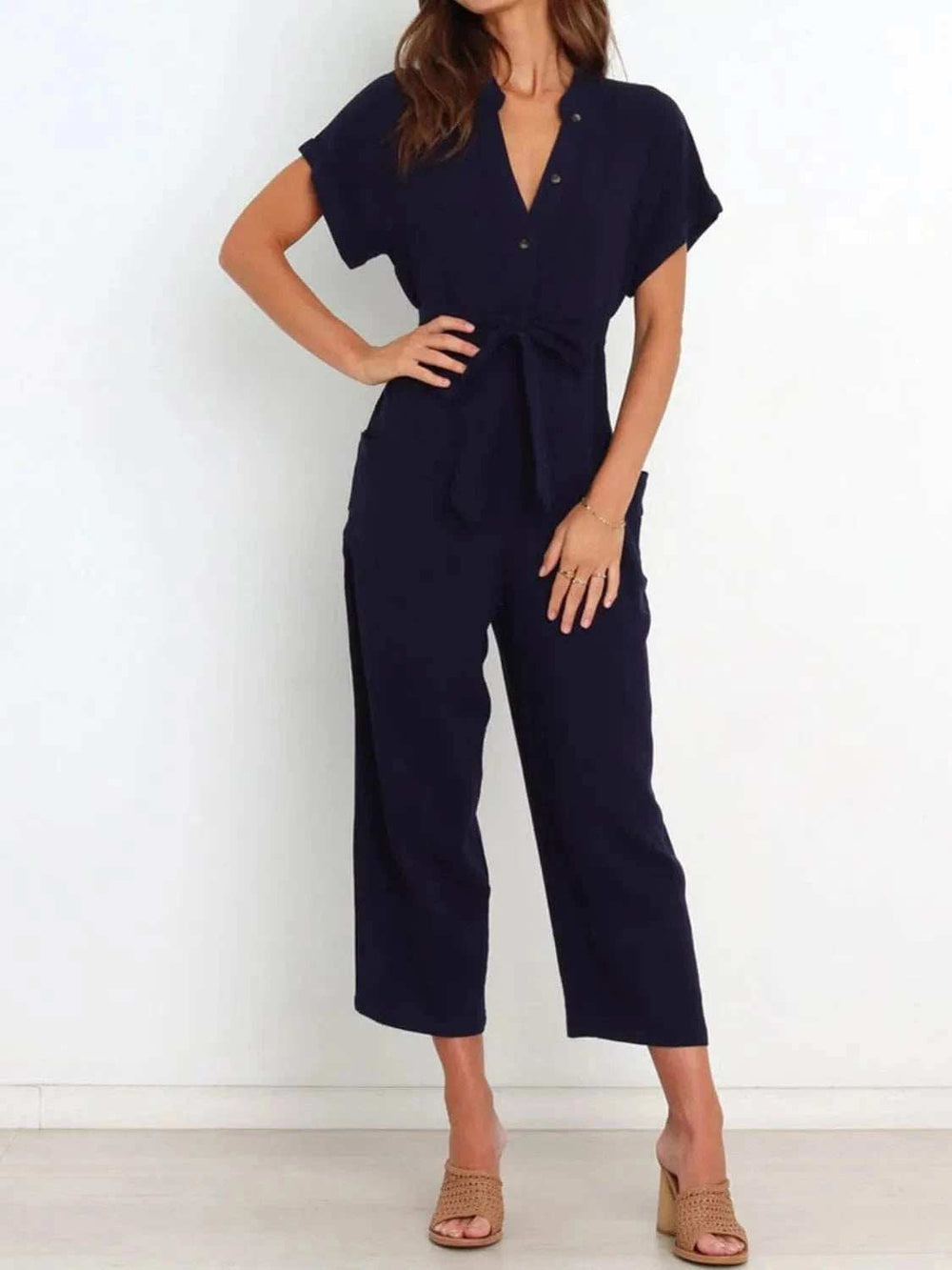 Notched Short Sleeve Tie Waist Jumpsuit - Trendsi - Flyclothing LLC