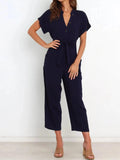 Notched Short Sleeve Tie Waist Jumpsuit - Trendsi