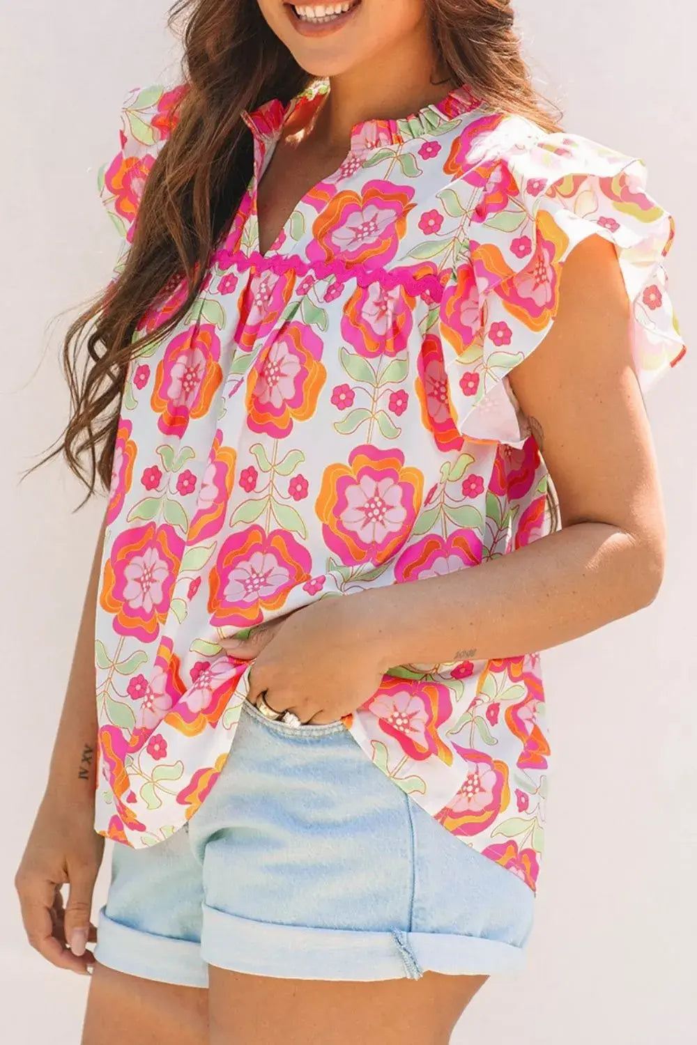 Floral Ruffled Sleeve Ric-Rac Trim Split Neck Loose Blouse - Trendsi - Flyclothing LLC