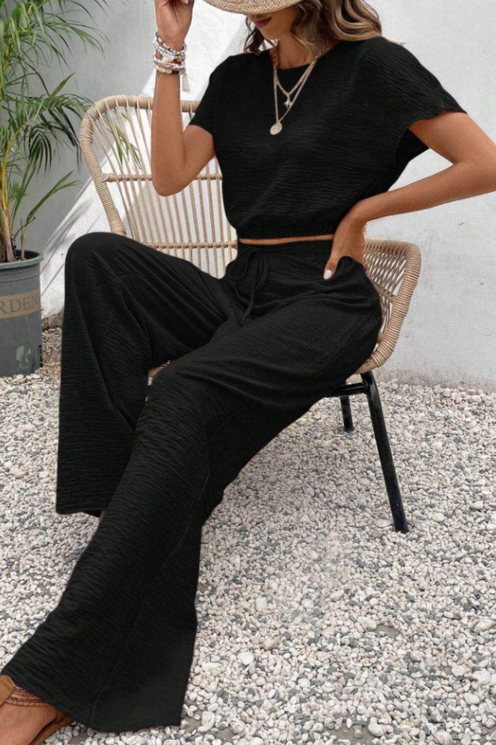 Round Neck Short Sleeve Top and Pants Set - Trendsi - Flyclothing LLC