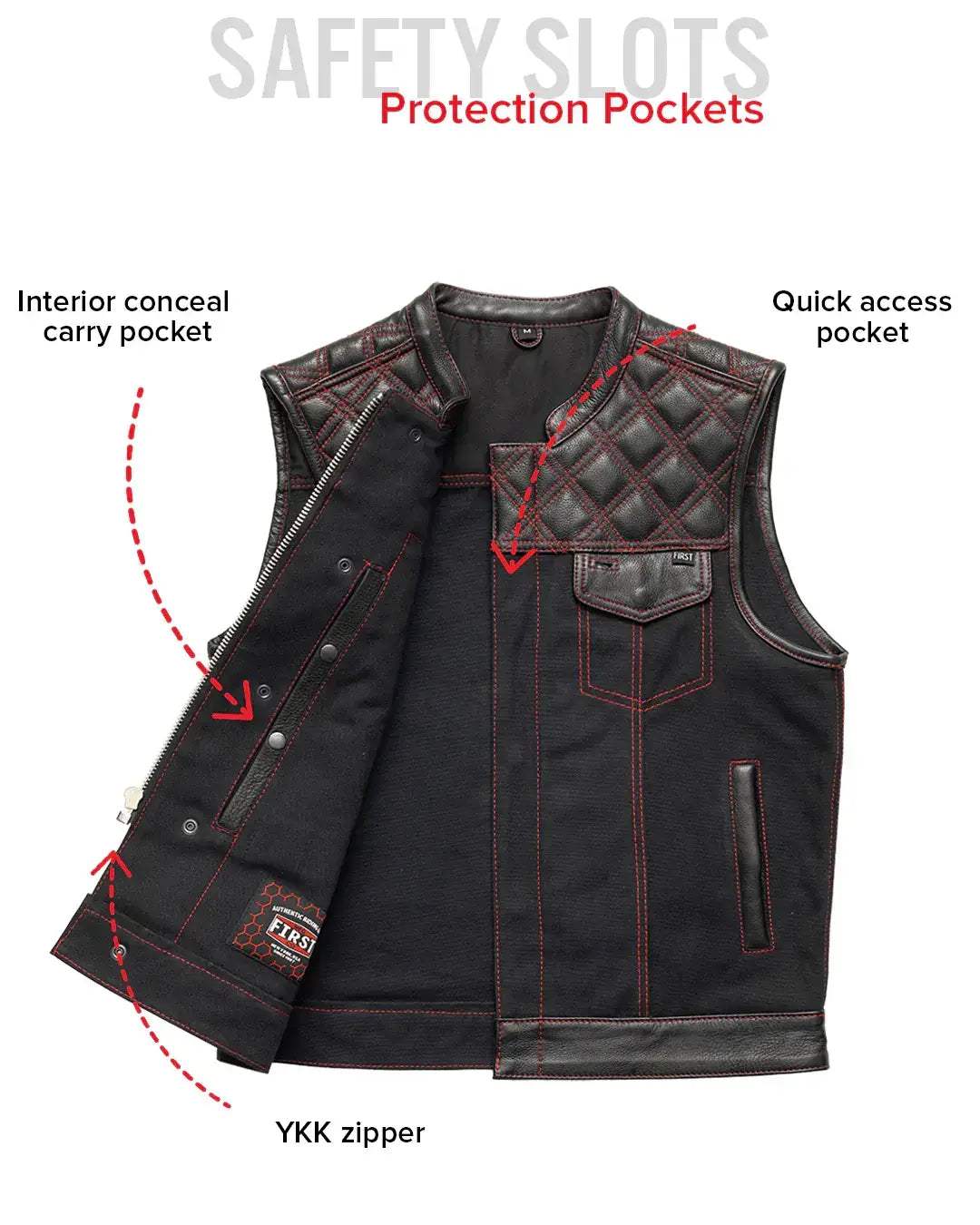 Hunt Club Motorcycle Leather Canvas Vest Black/Red - First Manufacturing Company - Flyclothing LLC