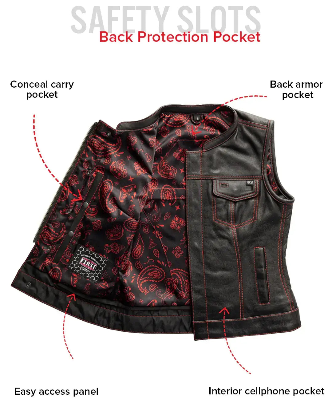 Jessica Women's Motorcycle Leather Vest - Black/Red - Limited Edition - First Manufacturing Company - Flyclothing LLC