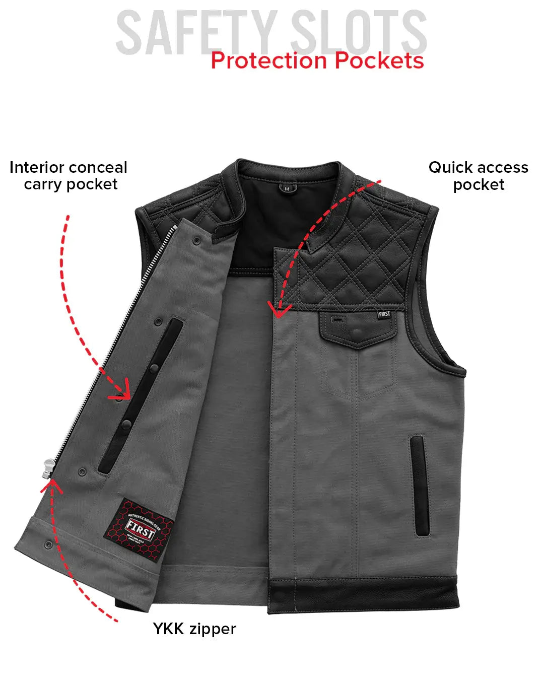 Hunt Club Motorcycle Leather Canvas Vest Grey - First Manufacturing Company - Flyclothing LLC