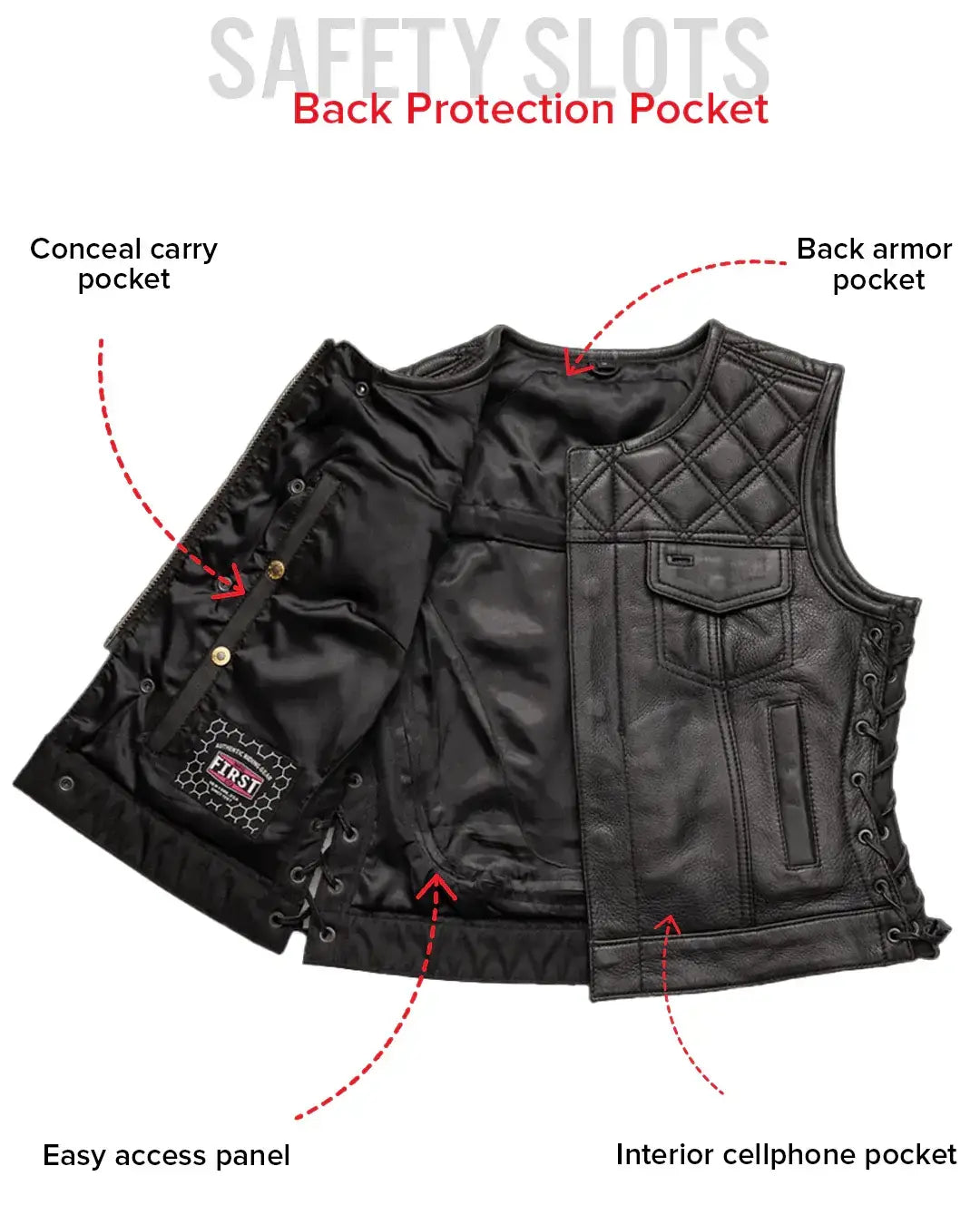 Bonnie - Women's Motorcycle Leather Vest - Diamond Quilt - First Manufacturing Company - Flyclothing LLC