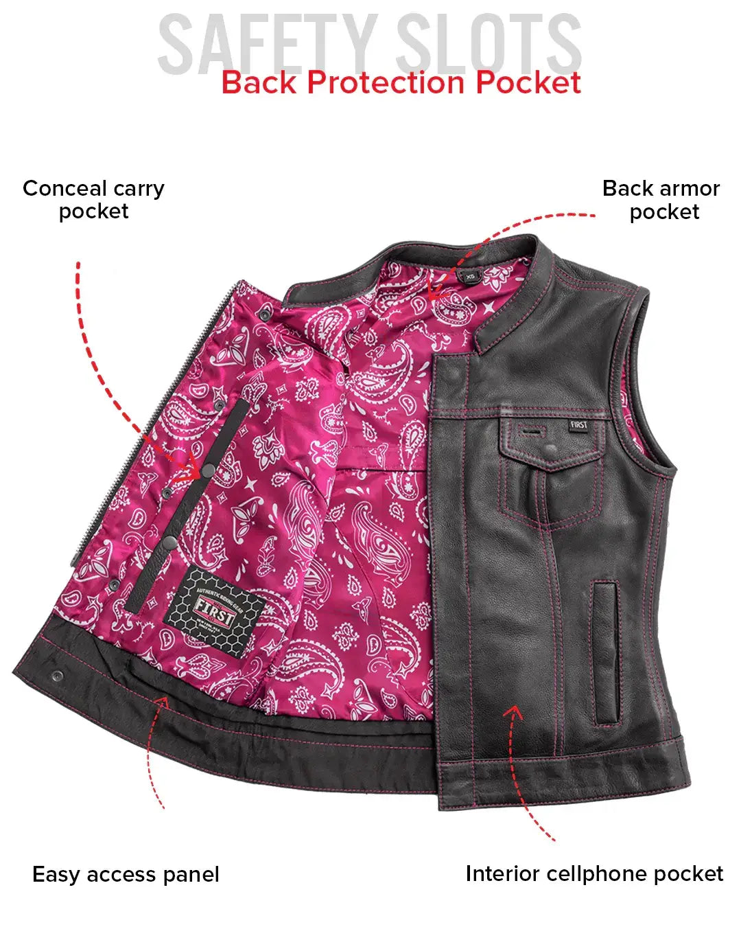 Jessica Women's Motorcycle Leather Vest - Pink - Limited Edition - First Manufacturing Company - Flyclothing LLC